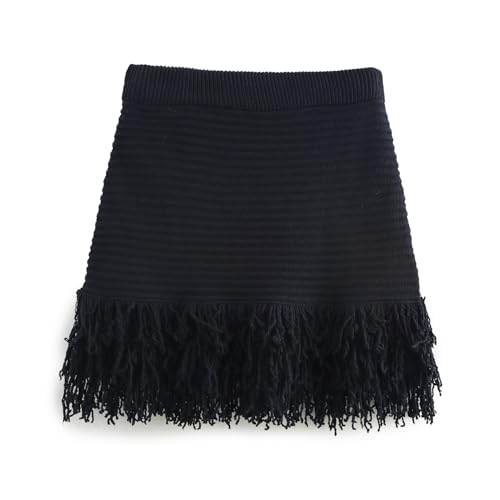 2025 Spring Minimalist Women's Clothing Hollow Knitted Half Skirt French Retro Tassels Black Mini Skirts Womens2