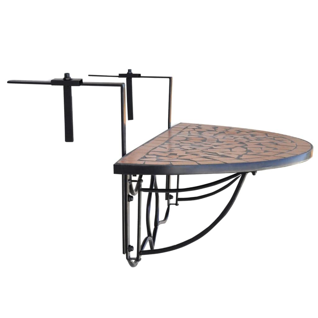 Balkonhängetisch Mosaik Terracotta mit Halbrunder Keramikplatte und stabilem Eisenrahmen, klappbar und platzsparend, Balkontisch für Geländer bis 18 cm, ideal als Gartentisch, Beistelltisch