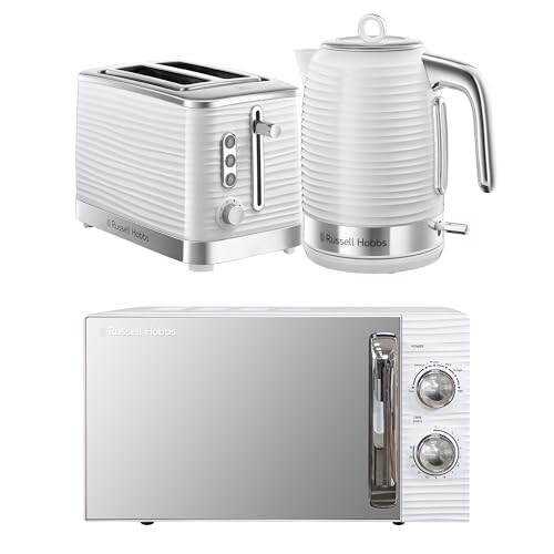 Russell Hobbs Inspire White Kitchen Set 1.7L 2400W Kettle 2 Slice Toaster with Variable Browning Levels & 17L 700W Microwave with 5 Power Levels Defrost & Reheat Functions INSPBNDL2W