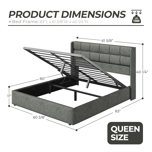 Image of HISOFT Queen Size Lift Up Storage Bed Frame, Linen Upholstered Platform Bed with Wingback Headboard, Heavy Duty Hydraulic Gas Lift Underbed Space, Reinforced Full Metal Slats, Noise Free, Grey
