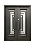 Bellaire Exterior Double Front Entry Door Wrought Iron with Operable Tempered Frosted Glass Inside Swing Dark Bronze Finish (62 by 82 Right Hinge Active)