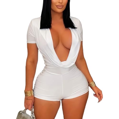 Image of Molilove Sexy Romper for Women Short Sleeve Deep V Neck Bodycon Short Jumpsuit One Piece Y2K Party Clubwear