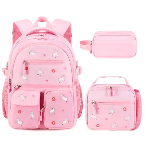 DIGOBAY Backpack for Girls 6-8, 3PCS Embroidery Toddler Girls Backpack with Lunch Bag Pencil Case, 15.7" Kids School Bookbag for Preschool Kindergarten Elementary Daycare Backpacks, Pink Unicorn