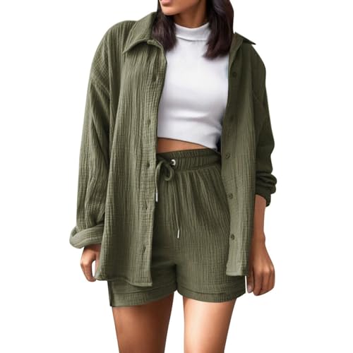 2 Piece Sets for Women Summer Loose Fit Long Sleeve Blouse Shirts with Shorts Plus Size Thin Trendy Lounge Shirts Short Sets