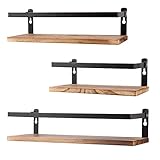 PHUNAYA Floating Shelves Rustic Wood Wall Mounted Shelf Practical Metal Fence Design ¨C Ideal for Bedroom, Bathroom, Kitchen Set of 3(Carbonized Black)