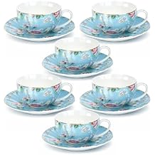 BTaT- Floral Tea Cups and Saucers, Set of 6, 7 oz, Fine Porcelain Teacup Set with Gold Trim for Afternoon Tea, Weddings, Parties & Gifting, Dishwasher Safe and Freezer Safe