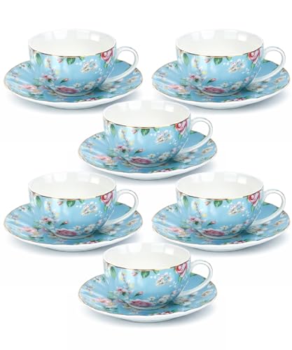 BTaT- Floral Tea Cups and Saucers, Set of 6, 7 oz, Fine Porcelain Teacup Set with Gold Trim for Afternoon Tea, Weddings, Parties & Gifting, Dishwasher Safe and Freezer Safe
