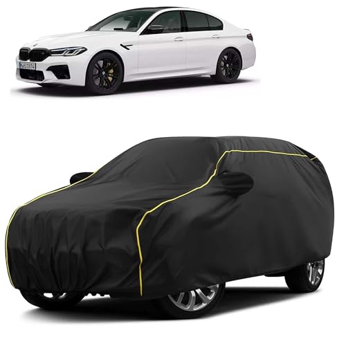 Image of Sulfar 100% Water Resistant Car Body Cover Compatible with Mirror for BMW M5 (Triple Stitched, Full Bottom Elastic, Black Taffeta with Yellow Piping)