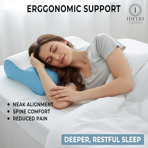 Image of Orthopedic Cervical Pillow Set of 2, Memory Foam Contour for Neck, 220 GSM Jacquard Cover, 48x30x9 cm, Sky, Ergonomic Sleeping Support, Breathable Bedding Cushion