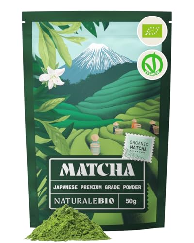 NaturaleBio Japanese Organic Matcha Green Tea Powder - Premium Grade - 50g. Tea Produced in Japan, Uji, Kyoto. Use for Drinking, Smoothie Making and with Milk. Vegan & Vegetarian Friendly