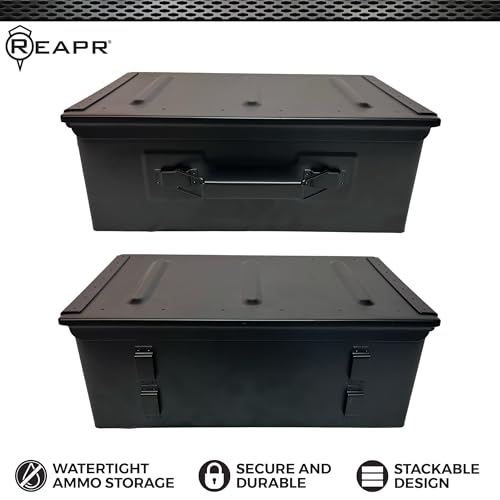 Reapr Steel Ammo Can, Heavy Duty Locking Metal Ammo Storage Box, Airtight and Watertight 30 Cal or 50 Cal Case for Rifle, Shotgun, Pistol, Military Footlocker Style Tool and Gear Organizer