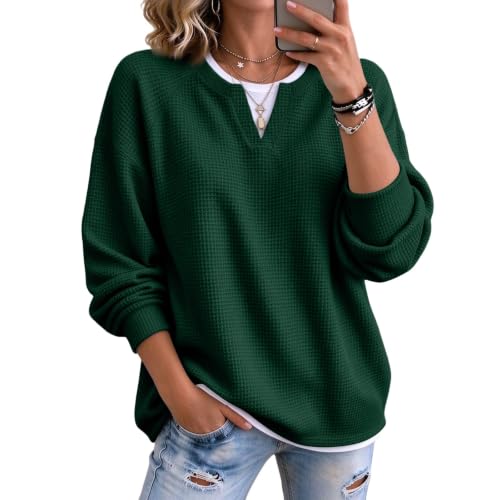 Womens Waffle Knit Top Faux Layered V Neck Waffle Knit Sweater - image 1