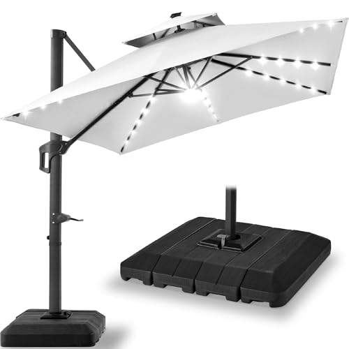 Best Choice Products 12x12ft LED Cantilever Patio Umbrella w/Base Included & 360° Rotation, Large Solar Offset Hanging Outdoor Sun Shade for Deck, Backyard Table w/Stand & Lights – Fog Gray