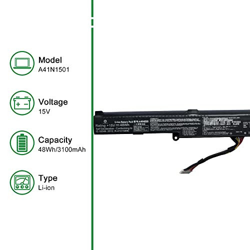 Image of A41N1501 Laptop Battery Replacement for Asus Rog G752VW GL752 GL752JW GL752V GL752VLM GL752VW GL752VW-DH74 GL752VWM N552 N552V N552VW N552VX N752 N752V Series A41LK9H L41LK2H 15V 48Wh 3100mAh