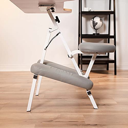 Vivo Kneeling Chair With 28 X 18 Inch Desk, Height Adjustable Posture Stool With Table For Home And Office, Gray Cushions, Light Wood Desktop, White Frame, Desk-Kn01C #TOP3