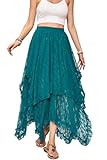 R.Vivimos Women Lace Long Skirts Summer Elastic Asymmetrical Layered Hem Sexy See-Through Beach Floral Maxi Skirts (Small, Green)