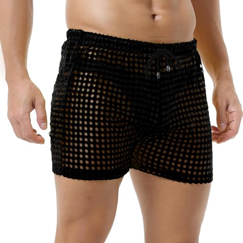 Men's Mesh Fishnet See Through Pants Openwork Drawstring Lounge Long Pants Pajamas Bottoms2