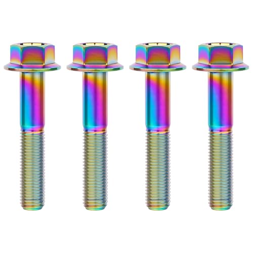Image of Ti Screws M10 x 20 25 30 35 40 45 50 55 60 65 70 75 80 90 100mm 1.25 Pitch Titanium Flange Hex Bolt Pack of 4 (Rainbow, M10x55mm)