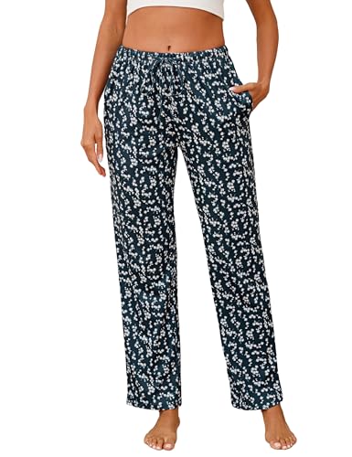 Jahetuul Pantalon de Pyjama Femme Coton Bas de Pyjama Femmes à Imprimé Floral Pantalon de Nuit Long avec Poches Doux et Confortable