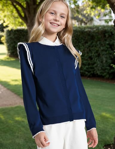 Image of BOBOYOYO Girls Cute Cardigan Cotton Girls Button Up Sweater Knit Jacket | Long Sleeve Crew Neck Kawaii Clothes for Casual School Wear