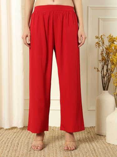 Image of FIORRA Women's Red Crepe Kurta and Palazzo Set with Matching Dupatta