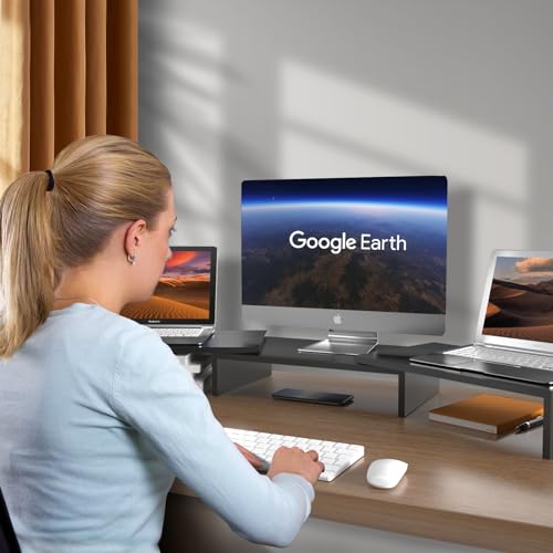 Pholiten Wood Triple Monitor Stand Riser, Desktop Monitor Stand with ...