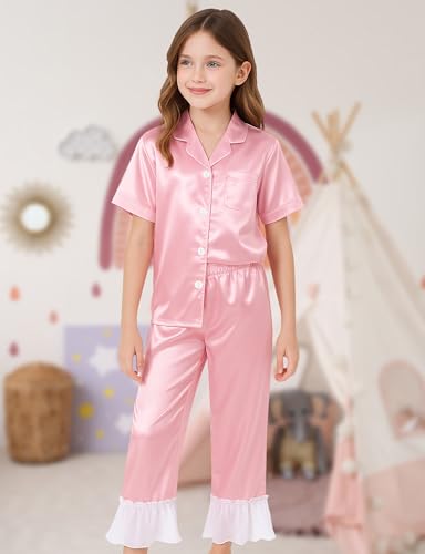 Kids Silk Pajamas Girls 5-pcs Chiffon Ruffled Pajamas Girls Satin Pajama Set Button-down Cute Pjs Set Sleepwear2
