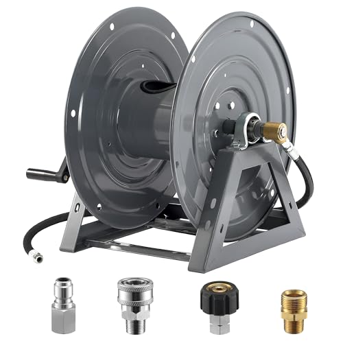 M MINGLE Pressure Washer Hose Reel 300ft, Heavy Duty Hose Reel, Manual Crank Power Washer Hose Reel with Swivel Arm, Wall/Floor/Truck Mounted, 4000 PSI