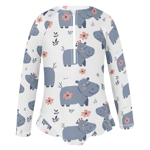 Cartoon Hippo Animals Girls Long Sleeve Swimsuit Rash Guard One Piece Bathing Suits Zipper 3-12T2