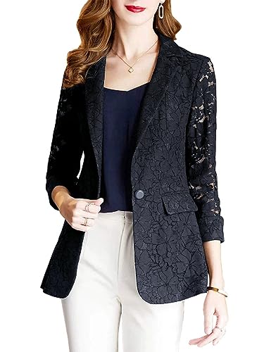 ebossy Women's 3/4 Sleeve Slim Fit One Button Work Office Business Lace Mesh Blazer Jacket