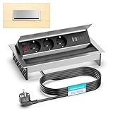 Aluminum Einbausteckdose 3 Fach mit 2 USB-C PD 30W & 2 USB-A – Versenkbare Steckdose, Winkel verstellbar für Küche, Schreibtisch & Büro, 1,8 m Kabel, Silber