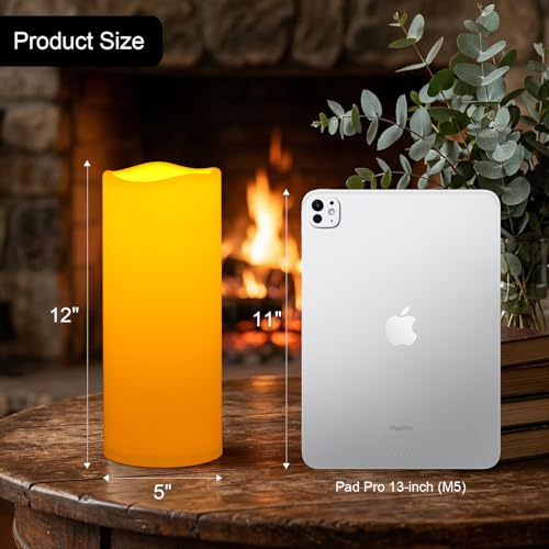 Image of Amagic 2 Pack 5 inchx12 inch Outdoor Plastic Electric flameless Candles with Remote Control and Timer, Battery Operated Flickering LED Pillar Fake Candle for Home, Wedding Decor, Ivory