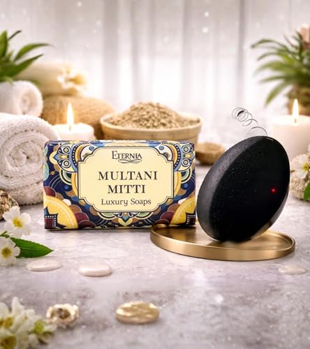 Image of Eternia Multani Mitti & Saffron Soap Bar (250g) Face & Body Cleanser with Waterproof Shower Radio | Natural Bath Combo for Bright, Clear & Radiant Skin