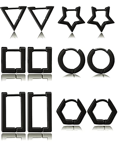 6 Pairs Minimalist Hoop Earrings Stainless Steel Small Dainty Geometric Square Triangle Star Rectangle Huggies Earrings for Women Ladies Gold Silver Black Tone