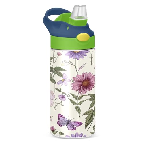 Waassud Botella de agua aislada con pajilla, botellas de agua de acero inoxidable a prueba de fugas para flores silvestres violetas, 12 onzas