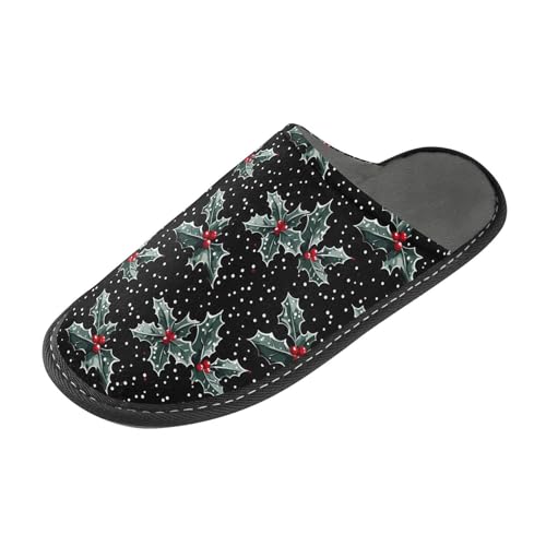 Slippers for Women Polka Dot Holly Leave Pattern Soft Winter Warm Shoes Indoor Outdoor Non-Slip House Travel Slippers2