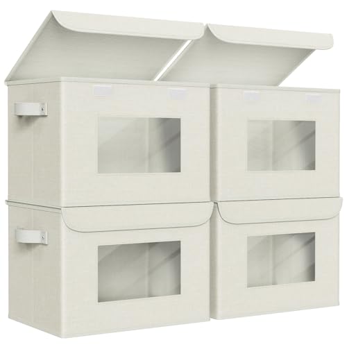 Univivi Fabric Foldable Storage Boxes with Lids [4-Pack] Collapsible Storage Bins for Clothes Closet...