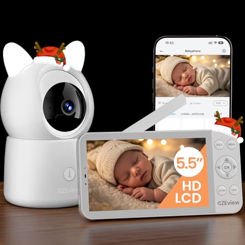CZEview 5,5' 2K Baby Monitor Video e Audio, Luce Notturna & Musica, Telecamera Bambini, Controllo Tramite APP Mobile & Monitor, Rilevamento di Grida/Movimento (Baby monitor con 1 telecamera)