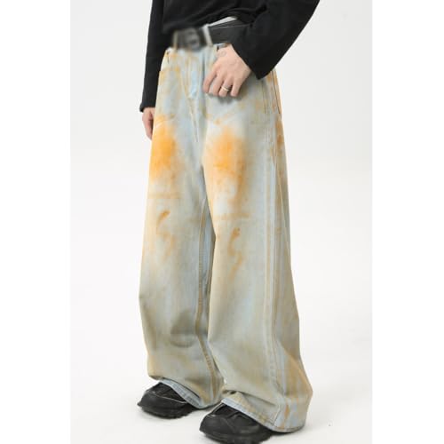 XYGJZ Mens Wide Leg Jeans Orange Tie-Dye Baggy Fit Denim Pants Streetwear3