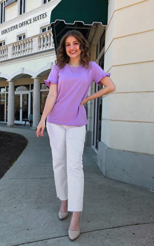 Prettygarden Women's Short Sleeve Casual T Shirts Summer Ruffle Plain Round Neck Loose Fit Tee Blouse Tops Purple #TOP3