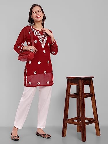 Image of Ada Women's & Girl's Georgette Hand Embroidered Lucknow Chikankari Regular Fit Short Kurti Top with Slip A911300