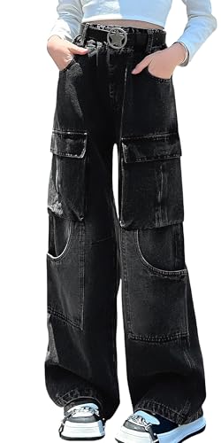 Happy Cherry Kids Girls Baggy Jeans Ripped Distressed Washed Casual Wide Leg High Waist Elastic Band Denim Pants