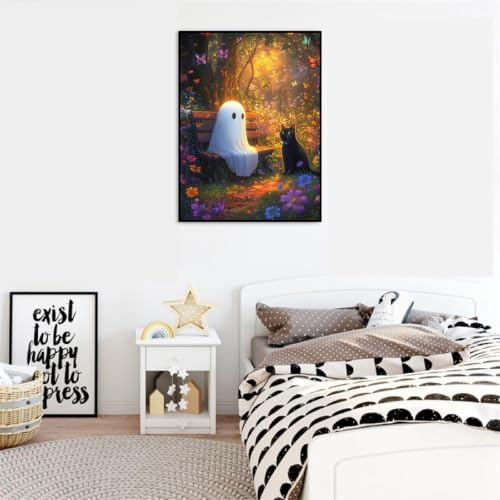 Image of Clendo Halloween Paint by Numbers Kit for Adults - Ghost and Cat Adult Paint by Number Kits on Canvas for Beginner, Oil Painting by Numbers Kit for Gift Home Wall Decor Without Frame 16x20 Inch
