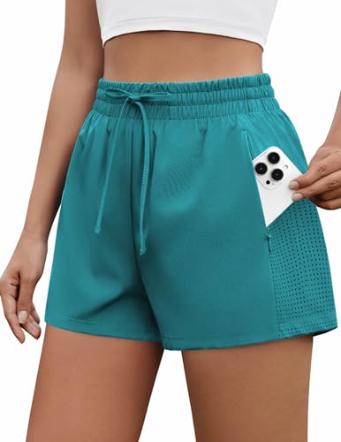 PINSPARK Womens Workouts Shorts with MSH Lining Outdoor Breathable Athletic Shorts with Pockets Summer Quick Dry Active Shorts Teal Blue M