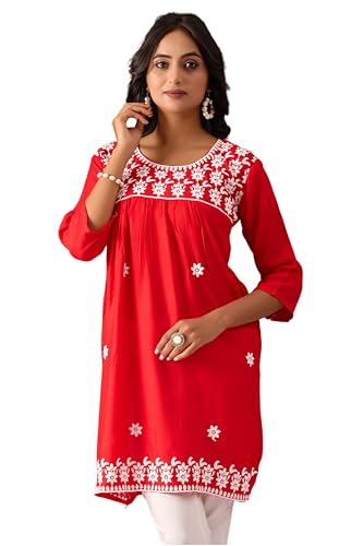 Image of Sidhidata Rayon Floral Embroidered Short Kurti | Short Anarkali Kurti for Girls | Women's Casual Sleeveless Printed Top | Tops for Women (Kurti Myra)