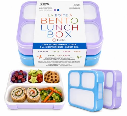 Image of Bento Lunch Box for Kids or Adults, Snack Containers for Boys, Girls, School Daycare Work, 3 & 4 Divided Compartments Meal Planning Portion Control, BPA-Free Boxes, Utensils | Blue Purple 2 Pack