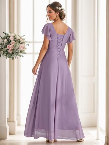 Women's Ruffle Sleeve Bridesmaid Dresses for Wedding A Line Chiffon Pleated Formal Dress2