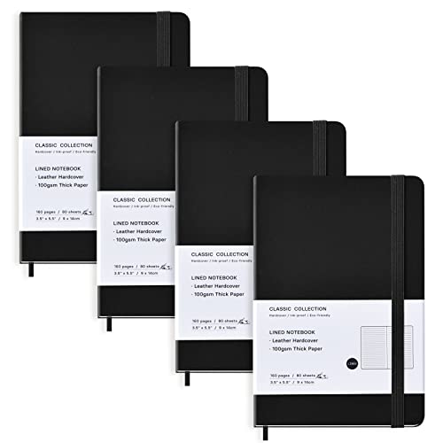 Coopay Lot de 4 carnets de poche avec couverture rigide en similicuir doublé pour bureau, maison, école, entreprise, 8,9 x 14 cm, papier épais 100 g/m², 160 pages (Noir) Cover