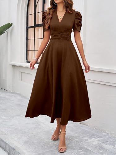 Image of Shasmi Girl's & Women's Solid Color V-Neck A-Line Maxi Dress for Women | New Year Party Outfit | Waist Cinched Puff Sleeve Western | Elegant Casual Wear (Dress 246)