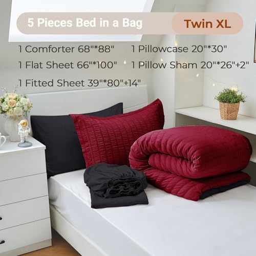 Image of MUXHOMO 5 Pieces Twin XL Comforter Set, Seersucker Bed in a Bag Twin XL Size, All Season Luxury Bedding Set with Comforter, Flat Sheet, Fitted Sheet, Pillowcase & Sham, Red & Black